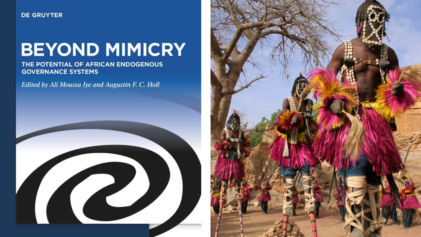 Collage of two images: a book cover and people in colorful outfits.