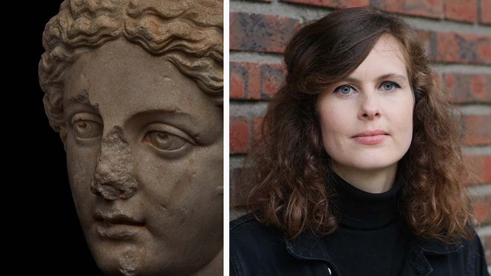Til venstre nærbilde av ansiktet til en statue, til høyre et portrettbilde av en kvinne.