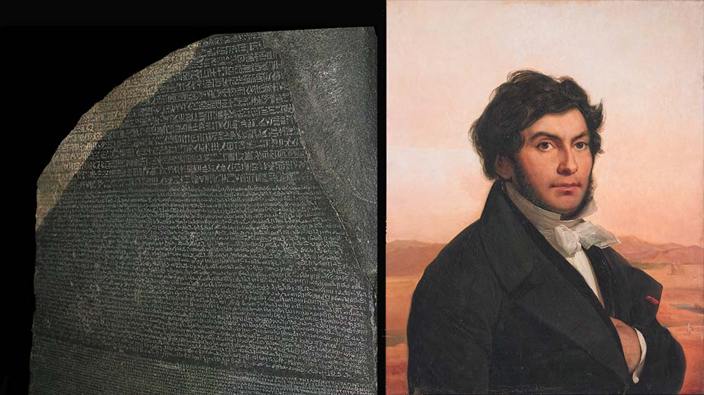 Til venstre en svart stein med skrift hugget inn i steinen. Til høyre et portrettmaleri av en mann.
