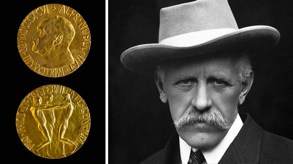 Til venstre bilde av begge sider på en medalje av gull. Til høyre et svarthvitt portrettbilde av en en eldre mann i dress og hatt.