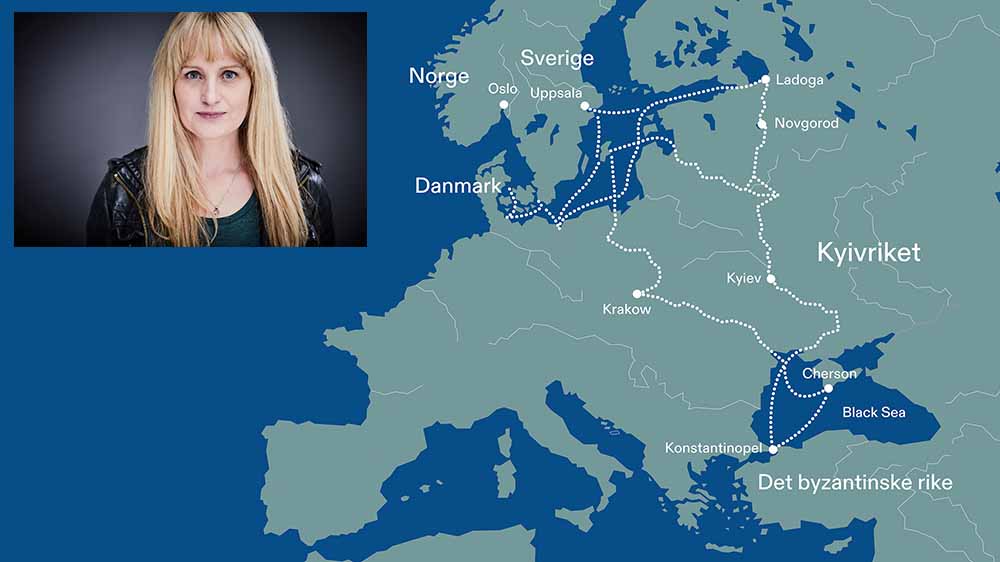 Et kart over store deler av Europa. Øverst til venstre er det plassert et portrettbilde av en kvinne.