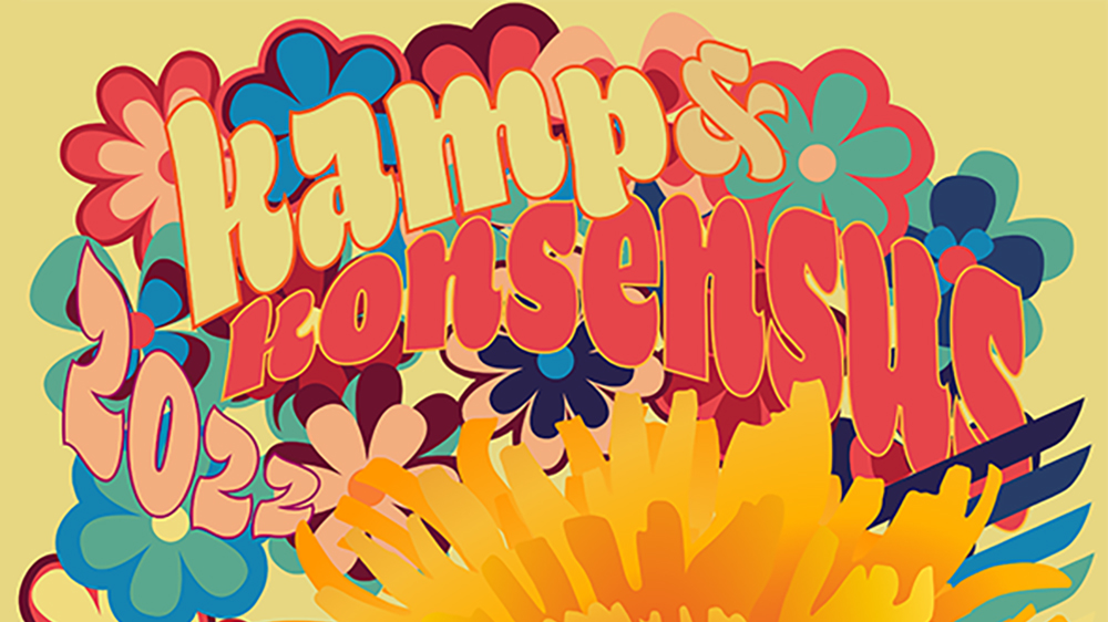 Banner med teksten "Kamp og konsensus". Nærbilder av fargerike blomster i bakgrunnen.