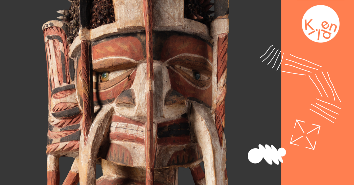 Maske fra Papua Ny-Guinea, oransje felt til høyre med strekillustrasjoner i hvitt og teksten "Kilden".