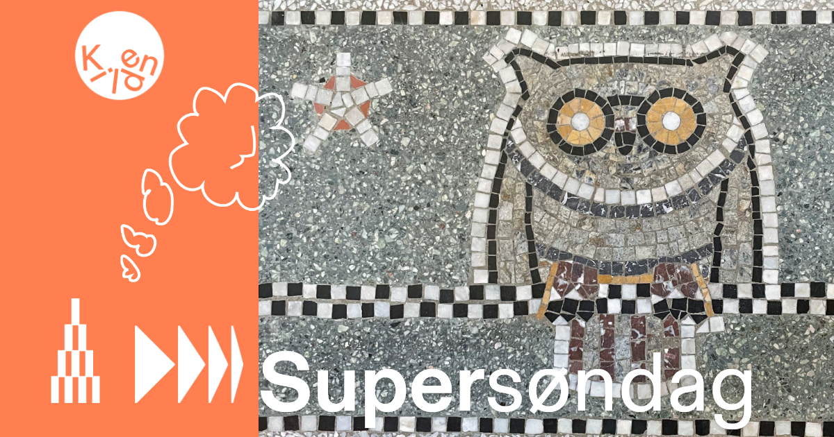 Mosaikk av en ugle. Oppå ligger teksten "Supersøndag" og "Kilden.