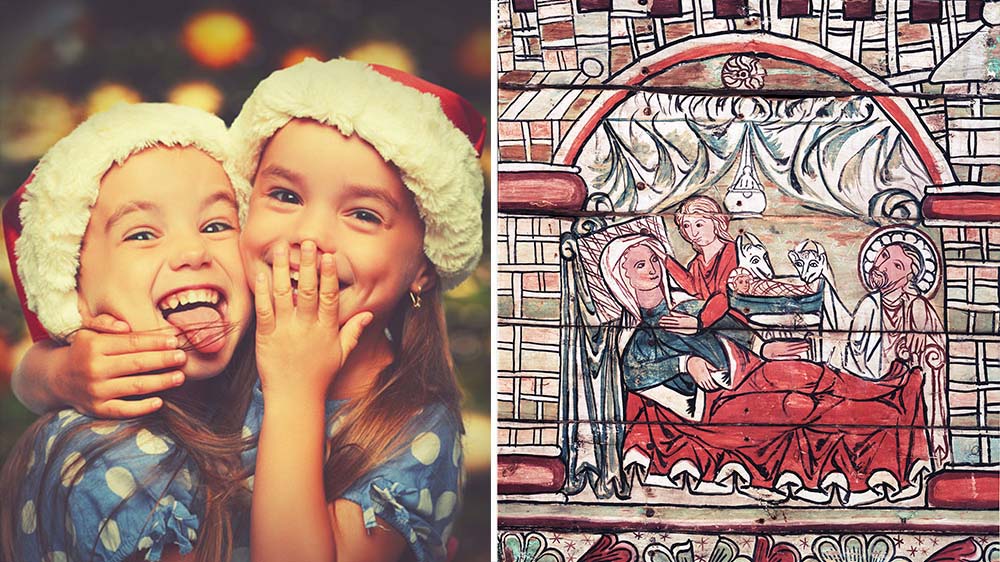En kollasj av to bilder - et nærbilde av to jenter med nisseluer. Og en middelalder