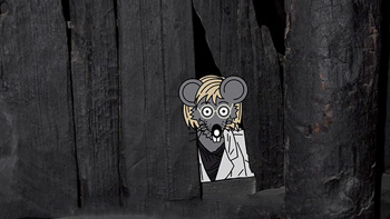 En tegning av en mus i hvit frakk som titter fram bak noen trebjelker. 