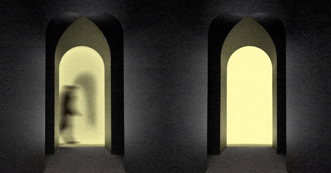 Illustration from the exhibition: unfocused figure seen through an opening