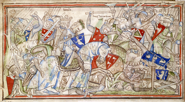 Illustration from the mid-13th century. An illustration of a battle where men are fighting with swords.
