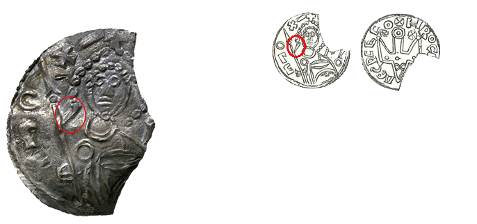 Nærbilde av en mynt og illustrasjon av samme mynten som viser en detalj.