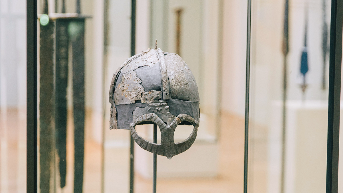 Close up of a helmet from the Viking Age, from the exhibition VIKINGR.