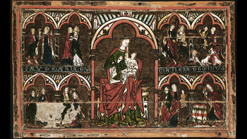 Alterfrontale fra Tingelstad gamle kirke. C5040. Dette panelmaleriet smykket forsiden av alteret i kirken. Det ble malt i årene 1275 til 1300.