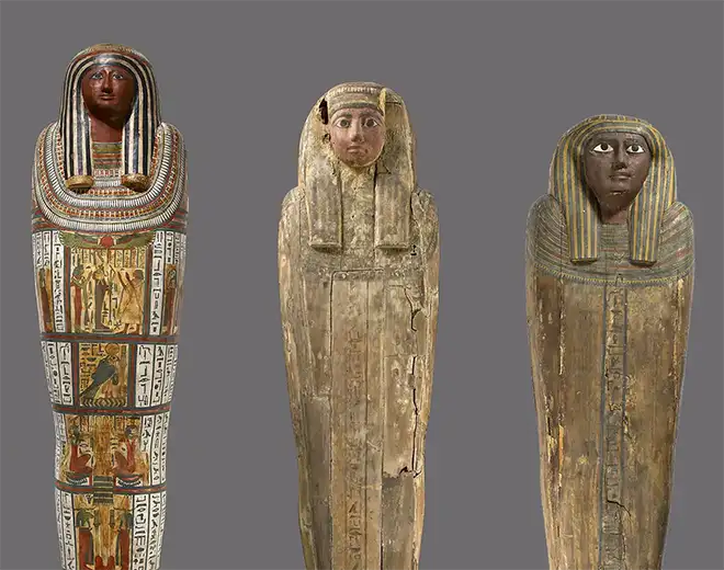 Three mummy sarcophagi.