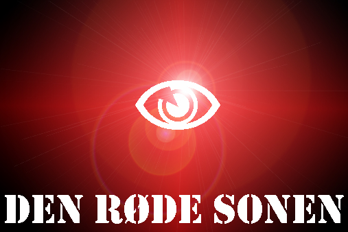 En plakat med rødlig bakgrunnsfarge, et tegnet øye i midten og teksten "Den røde sonen" under.