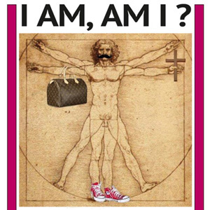 Plakat med teksten "I am, am I?". Under er tegning av en mann med armene ut til sidene.