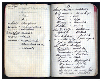 I Kongo ble det snakket mange afrikanske og europeiske språk. Ordbøker strakk ikke alltid til, og Kjelstrup laget egne glosebøker for å lære lokale språk. Siden han styrte over et område med uklar grense mot Porugisisk Vest-Afrika (Angola), satte han også igang med å lære seg portugisisk. Gjengitt med tillatelse av familien Kjelstrup. Ingen kopiering uten samtykke.