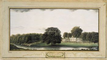 Anker, 1789: Tillally, guvernørens landsted. (Kat.nr. 4416) Akvarell og gouache på papir. Indremål: 17,2 x 36,4. Ytremål: 24,7 x 44,2.