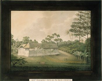 Ceylonmaleren: Wolgoaguddy i Candia på Ceylon. (Kat.nr. 4417) Akvarell og gouache på papir. Indremål: 21,1 x 27,7. Ytremål: 28,3 x 35.