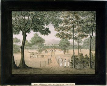 Ceylonmaleren: Reunrly i Candia på Ceylon. (Kat.nr. 4419) Akvarell og gouache på papir. Indremål: 21 x 27,8. Ytremål: 28,3 x 35.