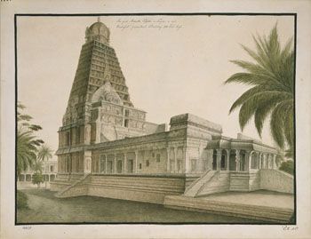 Anker: Den store Maratta-pagoden i Tanjour. (Kat.nr. 4429) Akvarell og gouache på papir. Indremål: 36,3 x 48,7. Ytremål: 42,2 x 54,5.
