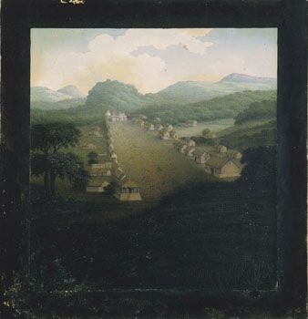 Gantz, 1801: Liten indisk fyrstes residens i provinsen Guntaur. (Kat.nr. 4434) Akvarell og gouache på papir. Indremål: 30,3 x 28,7. Ytremål: 37,4 x 35,8.