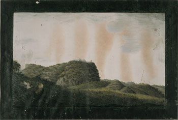 Ukjent 1: Bergfestningen Savendroog i Mysore. (Kat.nr. 4437) Akvarell og gouache på papir. Indremål: 16,6 x 26,5. Ytremål: 21 x 31.