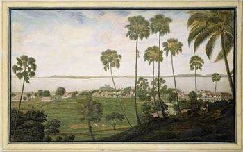 James Wales: Egnen i nærheten av Bombay fra Mazagon Hill. (Kat.nr. 4438) Etsning, kolorert. Indremål: 35,5 x 60. Ytremål: 40 x 64,5.