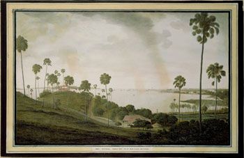 James Wales: Bombay. (Kat.nr. 4439) Etsning, kolorert. Indremål: 37,5 x 59,5. Ytremål: 44,5 x 68,5.
