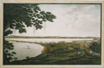 James Wales: Egnen i nærheten av Bombay. (Kat.nr. 4440) Etsning, kolorert. Indremål: 36,9 x 59,5. Ytremål: 41,8 x 64,5.