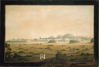 Daniell: Festningen Vellore i Karnatik. (Kat.nr. 4442) Akvarell og gouache på papir. Indremål: 30,3 x 47,8. Ytremål: 36,3 x 53,5.