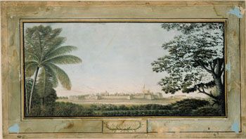 Anker, 1790: Trankebar. (Kat.nr. 4452) Akvarell og gouache på papir. Indremål: 16,8 x 36,1. Ytremål: 24,7 x 43,8.