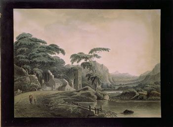 Edy?: Castle Island ved Killarney. (Kat.nr. 4459) Håndkolorert streketsning og akvatint. Indremål: 31,2 x 42,2. Ytremål: 37 x 50.&amp;#160;