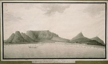 Anker, 1788: Kapstaden. (Kat.nr. 4461) Grå lavering. Indremål: 24,5 x 45,7. Ytremål: 29,6 x 50,4.