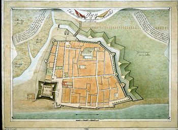 Anker: Plan over festningen Trankebar. (Kat.nr. 4537-22) Mål bilde: 35,7 x 51. Ytre mål: 43,4 x 58,5. Påskrift: Plan af Fæstningen Tranquebar med Castellet Dansborg. P. Anker.