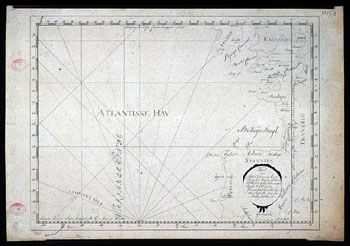 Anker: Kart over Atlantiske hav. (Kat.nr. 4537-01) Mål bilde: 32,7 x 44. Ytre mål: 36 x 51,2. Påskrift: No 1 Kort over Skibet Johanna &amp;#38; Maria Passage fra Høyden av Dover til Høyden af Cap Vincent paa Rejsen til Ostjndien. I samme finnes afmærket hvor skib