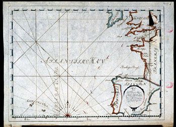Anker: Kart over Atlantiske hav. (Kat.nr. 4537-02) Mål bilde: 33 x 44,5. Ytre mål: 36,7 x 48. Påskrift: Kort over Skibet Johanna &amp;#38; Maria Passage fra Høyden av Dover til Høyden af Cap Vincent paa Rejsen til Ostjndien. I samme finnes afmærket hvor skibet be