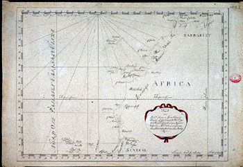 Anker: Kart over Afrika. (Kat.nr. 4537-03) Mål bilde: 32,8 x 45. Ytre mål: 36 x 51,3. Påskrift: No 2 Kort over Skibet Johanna &amp;#38; Maria Passage fra Høyden av Cap Vincent til Øen St. Jago paa Høyden af Cap Verd paa Rejsen til Ostjndien. Distancerne afmærkede