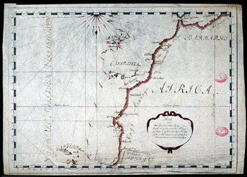 Anker: Kart over Afrika. (Kat.nr. 4537-04) Mål bilde: 33 x 45,2. Ytre mål: 34,5 x 47. Påskrift: No 2 Kort over Skibet Johanna &amp;#38; Maria Passage fra Høyden av Cap Vincent til Øen St. Jago paa Høyden af Cap Verd paa Rejsen til Ostjndien. Distancerne afmærkede
