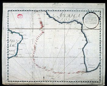 Anker: Kart over Afrika Guinea. (Kat.nr. 4537-06) Mål bilde: 32,5 x 41,5. Ytre mål: 35,5 x 43,5. Påskrift: No 3 Kort over Skibet Johanna &amp;#38; Maria Passage fra Øen St. Jago til Cape de bonnea Esperance paa Rejsen til Ostjndien. Distancerne sees afmærkede som