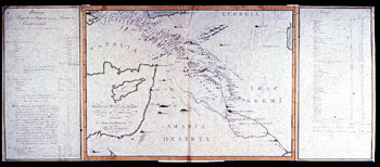 Kart over Mesopotamia. (Kat.nr. 4537-07) Mål bilde: 47 x 110. Ytre mål: 47 x 110. Påskrift: Sketch of the Course of the Rivers Tigris and Euphrates, and of the Route from Bossora to Constantinople. Dette Kort blev udarbejdet i anledning af en av gl Anker&amp;#160;