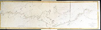 Kart over deler av Russland. (Kat.nr. 4537-08) Mål bilde: 26,5 x 88. Ytre mål: 26,5 x 88. Påskrift: A Map of the route of Mr. Forster from Loldong to Peterburg in the years 1783 and 1784.