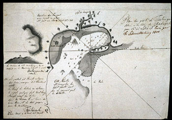 F. Schmetterling: Kart over Tentinquie. (Kat.nr. 4537-10) Mål bilde: 25,5 x 35,5. Ytre mål: 25,5 x 35,5. Påskrift: Plan du port de Tentinquie située a la cote de Madagascard pa 16• li lati Ss.