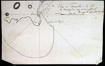 F. Schmetterling: Kart over Tanambu på kysten av Madagascar. (Kat.nr. 4537-11) Mål bilde: 23,4 x 35. Ytre mål: 23,4 x 35. Påskrift: Plan de Tanambu a la cote de Madagascar pa 16• 25’ Lat.