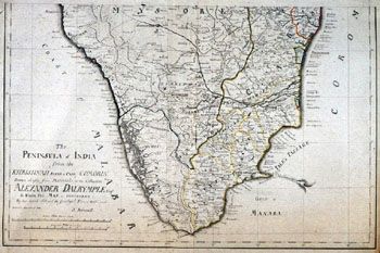 J. Rennell: Kart over sør-India (Sør). (Kat.nr. 4537-14) Mål bilde: 40 x 61,7. Ytre mål: 44,5 x 63,7. Påskrift: Krishnah river to Cape Comorin Drawn chieffly from Materials in the Collection Alexander Dalrumple Esqr to whom this Map is inscribed By his mu