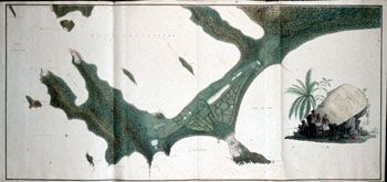 Fransk: Kart over Trinkomale på Ceylon. (Kat.nr. 4537-16) Mål bilde: 57,7 x 123. Ytre mål: 60 x 132. Påskrift: Baye Interieure Plan des forts de Trinquemal´et s’Ostinbourg. Legende ... {uleselig signatur A. Corotz?}