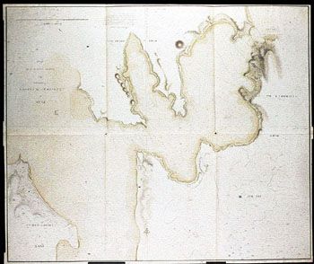 Kart fra Nicobarene. (Kat.nr. 4537-20) Mål bilde: 95 x 114. Ytre mål: 101 x 119. Påskrift: Plan of Nancowry Harbour surveyed by captn. Alexr. Kyd 1790.