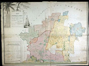 Mühldorff: Kart over Trankebars gamle terreng. (Kat.nr. 4537-21) Mål bilde: 73,5 x 98,5. Ytre mål: 76 x 101,5. Påskrift: Kort over Tranquebar gamle terrain Tillige med de av Rajen av Tanjour modtagne nye Forpagtnings Districter opmaalt af Mathias Müldorff