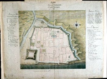 Müldorff: Plan over festningen Trankebar. (Kat.nr. 4537-23) Mål bilde: 35 x 39. Ytre mål: 47,5 x 59. Påskrift: Plan af Fæstningen Tranquebar med Castellet Dansborg.