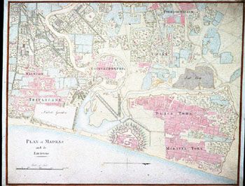Gantz: Kart over Madras. (Kat.nr. 4537-24) Mål bilde: 36 x 45,5. Ytre mål: 37,6 x 47. Påskrift: Plan of Madras and its Environs.