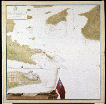 Gantz: Kart over Bombay havn. (Kat.nr. 4537-25) Mål bilde: 55,5 x 55. Ytre mål: 61 x 61. Påskrift: A plan of Bombay Harbour on the coast of Malabar. Skewing the true situation of all the rock s. sands &amp;#38; shoats