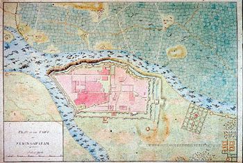 Gantz: Kart over Seringapatam. (Katnr. 4537-28) Mål bilde: 39,8 x 57,7. Ytre mål: 42,1 x 60,2. Påskrift: Plan of the Fort of Seringapatam.